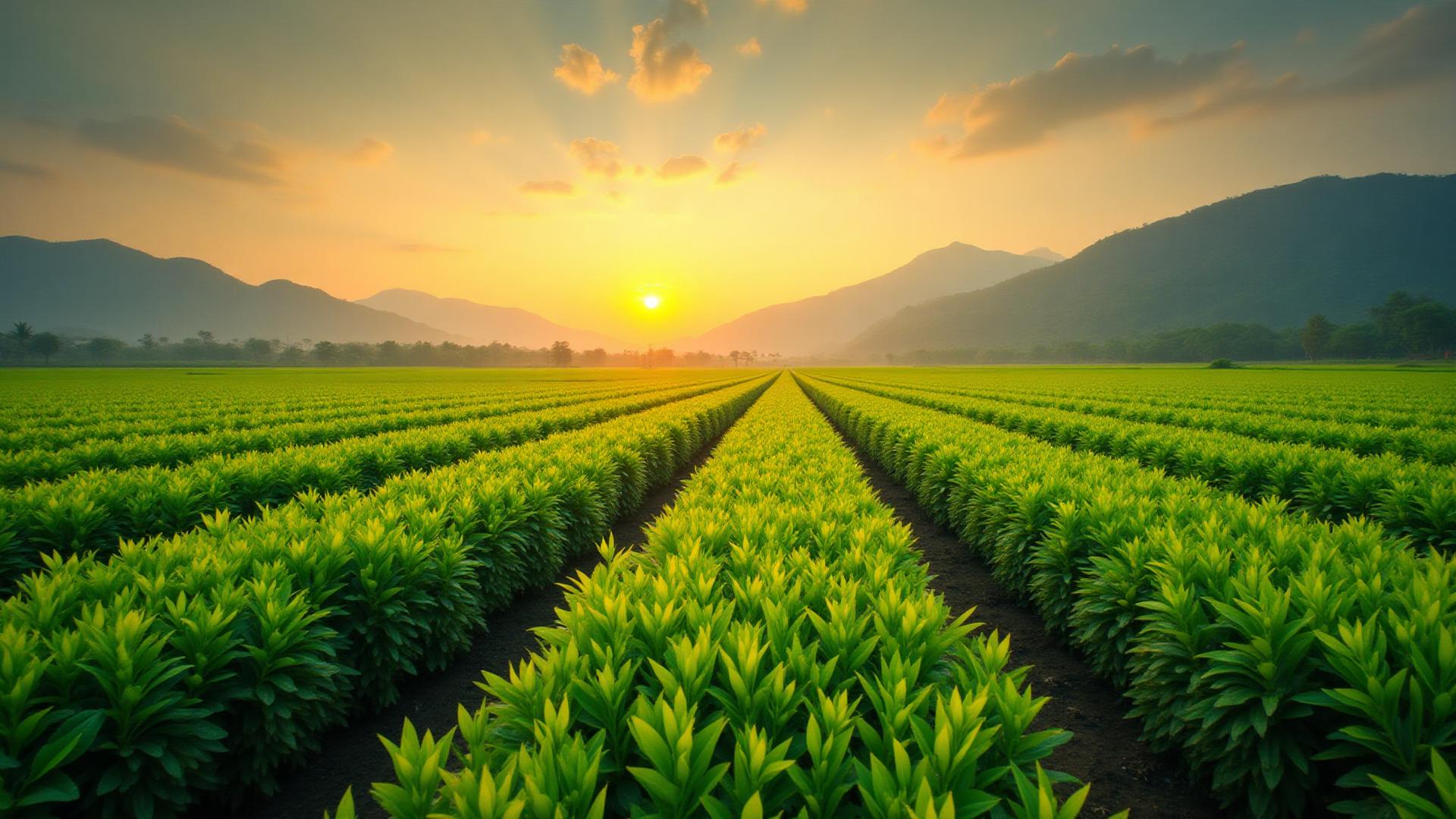 Lush green farmland at golden hour
